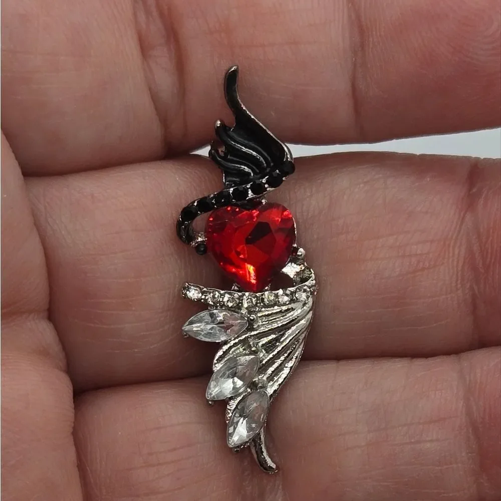 Gothic Winged Red Heart Earrings Silver Angel Wings Edgy Baddie Goth Jewelry NWT